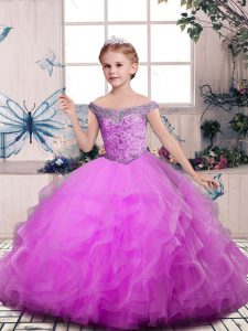 Sleeveless Lace Up Floor Length Beading and Ruffles Pageant Dress