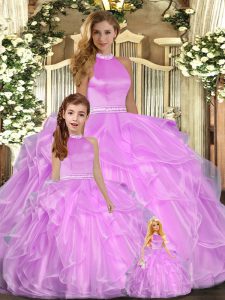 Lilac Halter Top Backless Beading and Ruffles Sweet 16 Dress Sleeveless