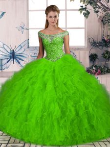 Sleeveless Brush Train Beading and Ruffles Quinceanera Gowns