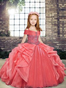 Beautiful Coral Red Sleeveless Beading and Ruffles Floor Length Little Girls Pageant Dress