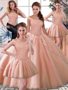 Spectacular Peach Quinceanera Dresses Military Ball and Sweet 16 and Quinceanera with Beading Off The Shoulder Sleeveless Brush Train Lace Up