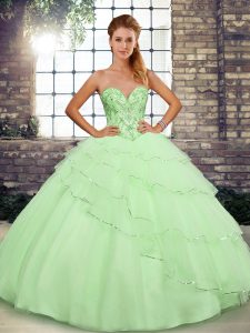 Yellow Green Quinceanera Dresses Military Ball and Sweet 16 and Quinceanera with Beading and Ruffled Layers Sweetheart Sleeveless Brush Train Lace Up