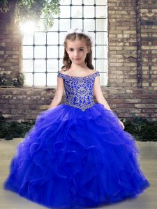 Off The Shoulder Sleeveless Lace Up Girls Pageant Dresses Royal Blue Tulle
