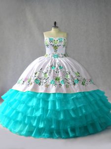 Blue And White Organza Lace Up Quinceanera Gown Sleeveless Floor Length Embroidery and Ruffled Layers