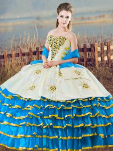 Spectacular Floor Length Blue And White Sweet 16 Dresses Sweetheart Sleeveless Lace Up
