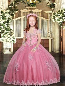 Pink Straps Lace Up Appliques Little Girl Pageant Gowns Sleeveless