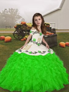 Sleeveless Organza Floor Length Lace Up Pageant Dress Womens in Green with Embroidery and Ruffles