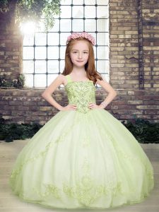 Yellow Green Tulle Lace Up Straps Sleeveless Floor Length Child Pageant Dress Beading