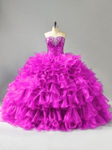 Ideal Purple Lace Up 15th Birthday Dress Beading and Ruffles and Sequins Sleeveless Floor Length