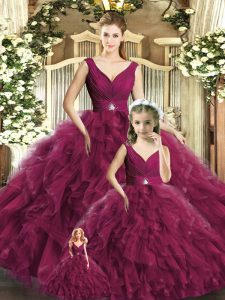 Custom Fit Burgundy Ball Gowns V-neck Sleeveless Tulle Floor Length Backless Beading and Ruffles 15 Quinceanera Dress