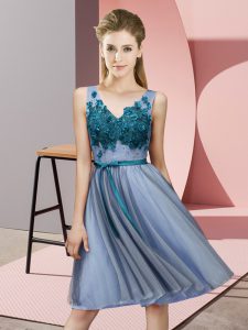 Appliques Quinceanera Dama Dress Blue Lace Up Sleeveless Knee Length
