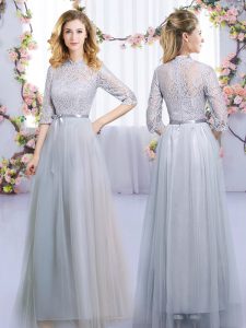 Luxury High-neck Half Sleeves Zipper Court Dresses for Sweet 16 Grey Tulle