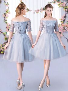 Grey Empire Tulle Off The Shoulder Short Sleeves Lace and Belt Knee Length Lace Up Quinceanera Court of Honor Dress