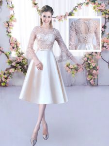 Deluxe Champagne Dama Dress for Quinceanera Wedding Party with Lace and Belt Scoop 3 4 Length Sleeve Lace Up