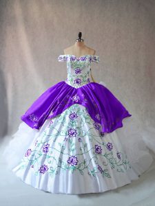 Decent Organza Off The Shoulder Sleeveless Lace Up Embroidery and Ruffles Sweet 16 Dresses in White And Purple