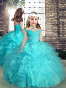 Sweet Aqua Blue Straps Lace Up Beading and Ruffles Custom Made Pageant Dress Sleeveless