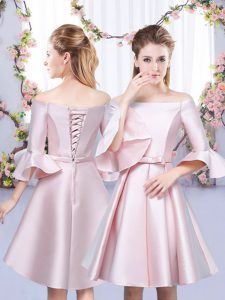 Glorious Baby Pink Court Dresses for Sweet 16 Wedding Party with Bowknot Off The Shoulder 3 4 Length Sleeve Lace Up