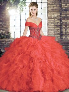 Coral Red Sleeveless Beading and Ruffles Floor Length Quinceanera Gowns