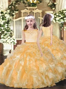 Organza Scoop Sleeveless Zipper Beading and Ruffles Little Girls Pageant Dress in Gold