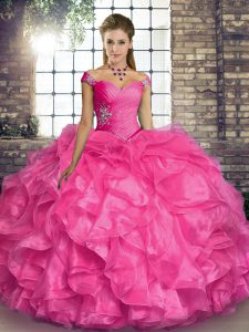 New Arrival Organza Off The Shoulder Sleeveless Lace Up Beading and Ruffles Quinceanera Gown in Hot Pink