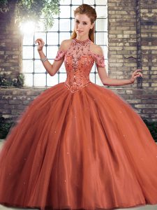 Rust Red Tulle Lace Up Halter Top Sleeveless Quinceanera Gown Brush Train Beading