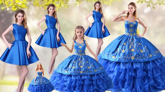 Blue Sleeveless Embroidery and Ruffled Layers Lace Up Vestidos de Quinceanera