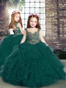 Dramatic Peacock Green Sleeveless Beading and Ruffles Floor Length Pageant Dress