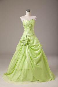 Sleeveless Organza Floor Length Lace Up Sweet 16 Dresses in Yellow Green with Beading and Hand Made Flower
