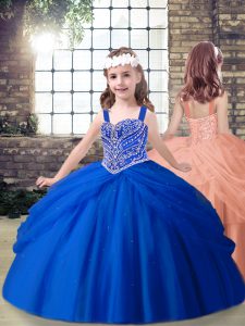 Royal Blue Ball Gowns Beading Little Girl Pageant Gowns Lace Up Tulle Sleeveless Floor Length