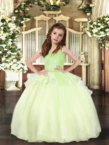 Floor Length Lace Up Little Girl Pageant Gowns Yellow Green for Party and Sweet 16 and Wedding Party with Beading