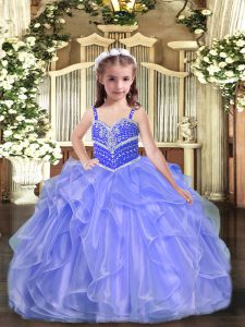 Lavender Organza Lace Up Pageant Dress Womens Sleeveless Floor Length Beading and Ruffles