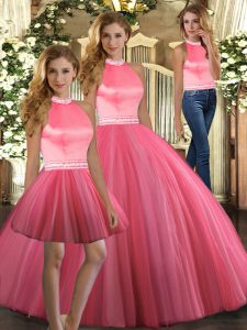 Beading 15 Quinceanera Dress Coral Red Backless Sleeveless Floor Length