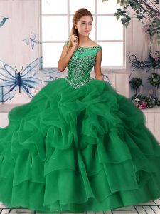 Flare Sleeveless Beading and Pick Ups Zipper 15 Quinceanera Dress with Green Brush Train