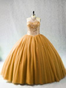 Custom Fit Sleeveless Tulle Brush Train Lace Up 15 Quinceanera Dress in Gold with Beading