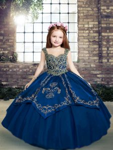 Floor Length Lace Up Kids Formal Wear Blue for Party and Sweet 16 and Wedding Party with Beading and Embroidery