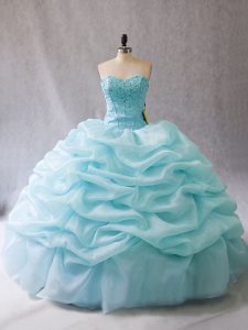 Floor Length Lace Up Quinceanera Dress Aqua Blue for Sweet 16 and Quinceanera with Beading and Pick Ups