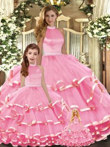 Ball Gowns Quinceanera Dresses Pink High-neck Organza Sleeveless Floor Length Lace Up