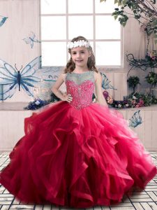 Coral Red Lace Up Kids Formal Wear Beading and Ruffles Sleeveless Floor Length