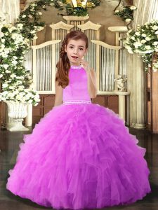 Inexpensive Lilac Halter Top Neckline Beading and Ruffles Kids Formal Wear Sleeveless Backless