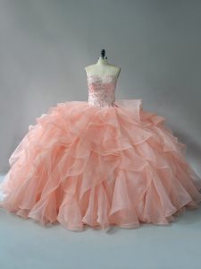 New Arrival Peach Lace Up Vestidos de Quinceanera Beading and Ruffles Sleeveless Brush Train