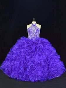 Sleeveless Organza Floor Length Lace Up Vestidos de Quinceanera in Purple with Beading and Ruffles