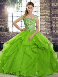 Sweet Green Tulle Lace Up Quinceanera Dress Sleeveless Brush Train Beading and Ruffles