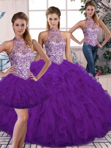 Fantastic Halter Top Sleeveless Tulle Quinceanera Gowns Beading and Ruffles Lace Up