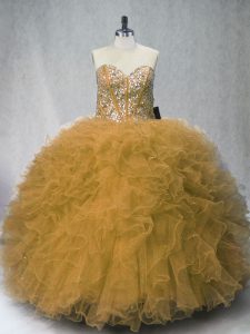 Custom Fit Brown Sleeveless Beading and Ruffles Floor Length 15 Quinceanera Dress