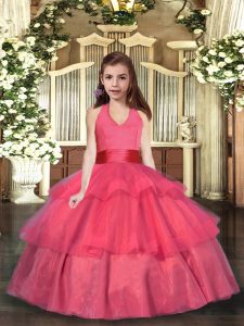 Fancy Floor Length Ball Gowns Sleeveless Coral Red Kids Pageant Dress Lace Up