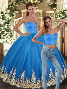 Tulle Sweetheart Sleeveless Lace Up Embroidery Vestidos de Quinceanera in Baby Blue