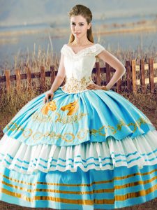 Decent Sleeveless Floor Length Embroidery and Ruffled Layers Lace Up Sweet 16 Quinceanera Dress with Blue And White