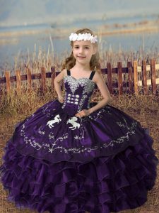 Cheap Floor Length Lace Up Pageant Dresses Purple for Wedding Party with Embroidery and Ruffled Layers