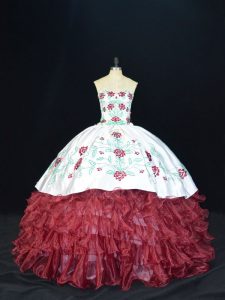 Sweetheart Sleeveless Sweet 16 Quinceanera Dress Floor Length Embroidery and Ruffles Burgundy Organza