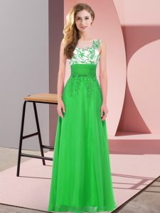 Fitting Sleeveless Chiffon Floor Length Backless Quinceanera Court of Honor Dress in Green with Appliques